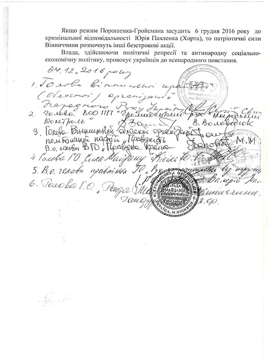 заява на підтримку Юрія Павленка-Хорта фото